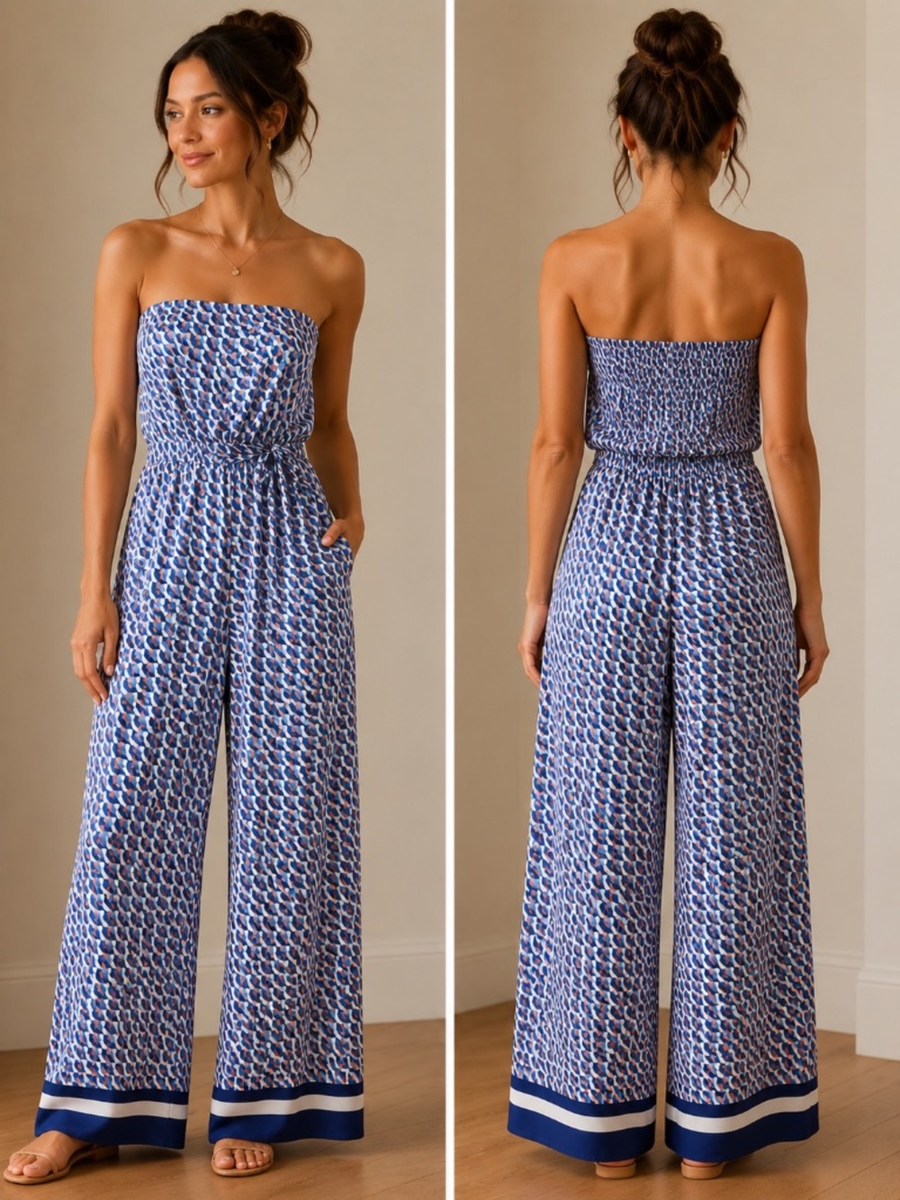 Blue Patterned Strapless Jumpsuit, Silk!